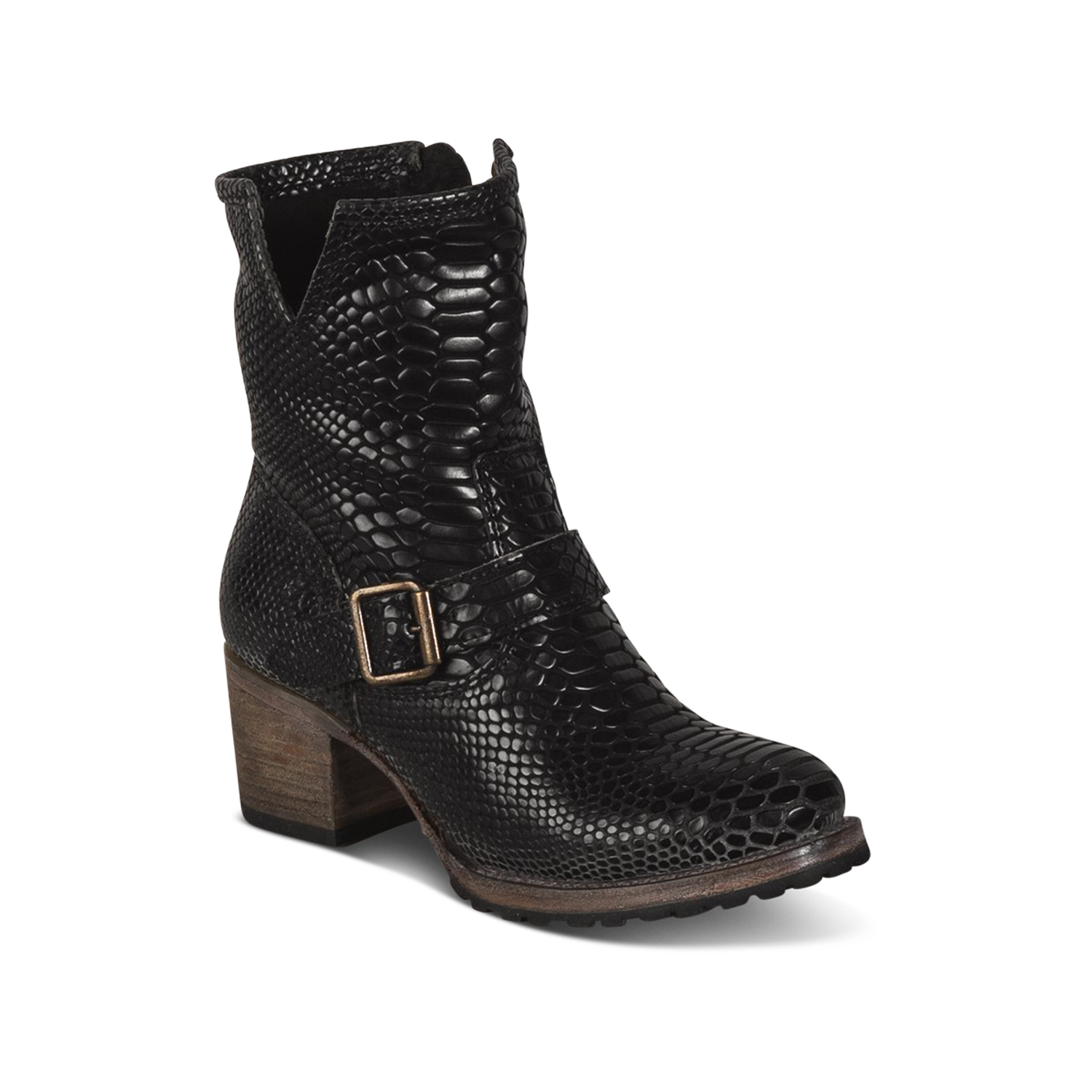 Carlito black snake leather bootie with ankle strap and side cutout detail