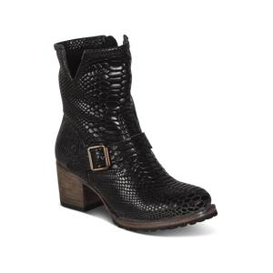 Carlito black snake leather bootie with ankle strap and side cutout detail