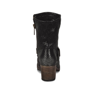 Carlito black snake embossed leather bootie back heel with wood wrapped heel