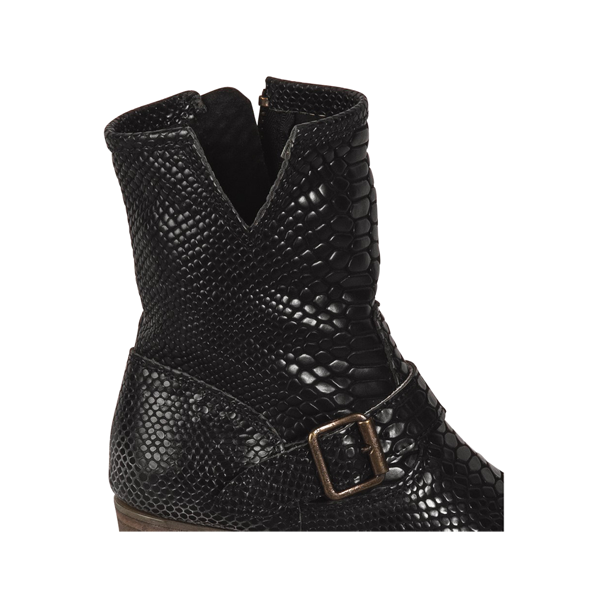 Carlito black snake womens leather ankle bootie with side cutout detailing and ankle belt