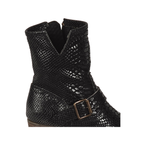 Carlito black snake womens leather ankle bootie with side cutout detailing and ankle belt