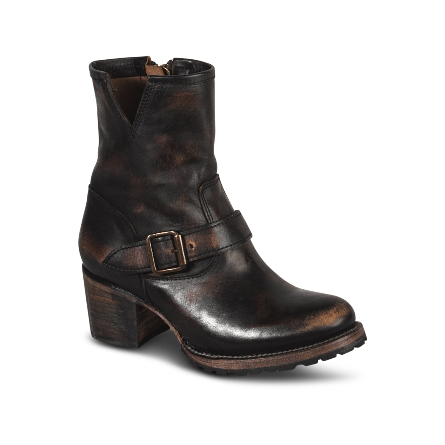 Carlito black leather bootie with ankle strap and side cutout detail