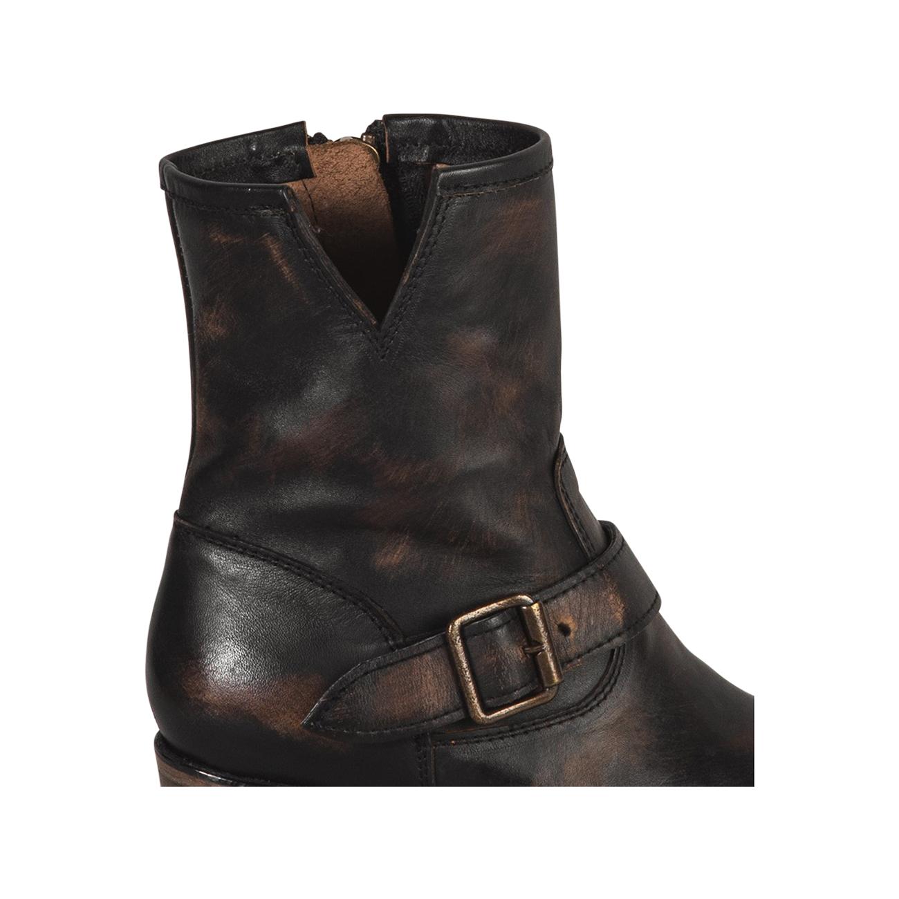 Carlito black womens leather ankle bootie with side cutout detailing and ankle belt