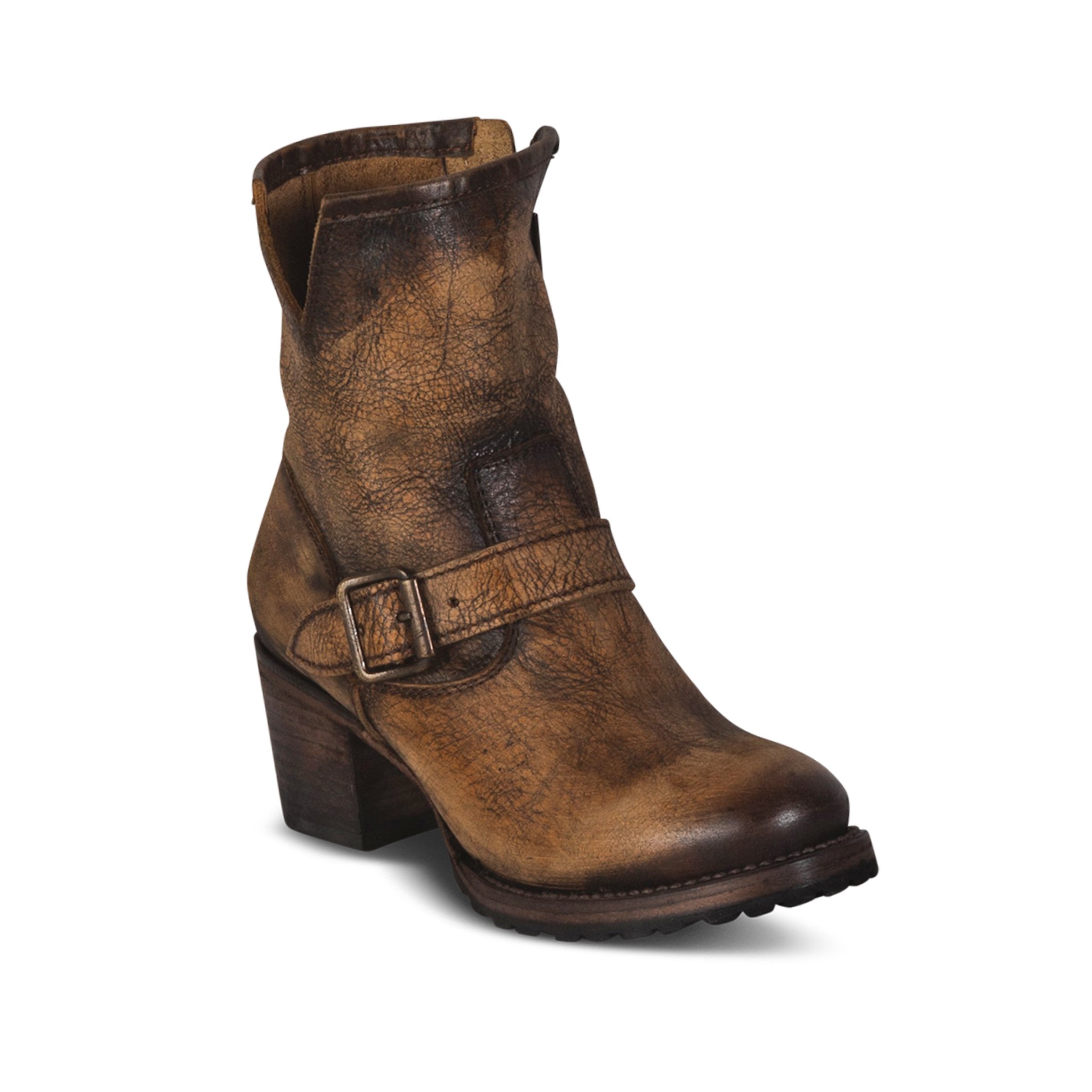 Carlito brown distressed leather bootie with ankle strap and side cutout detail