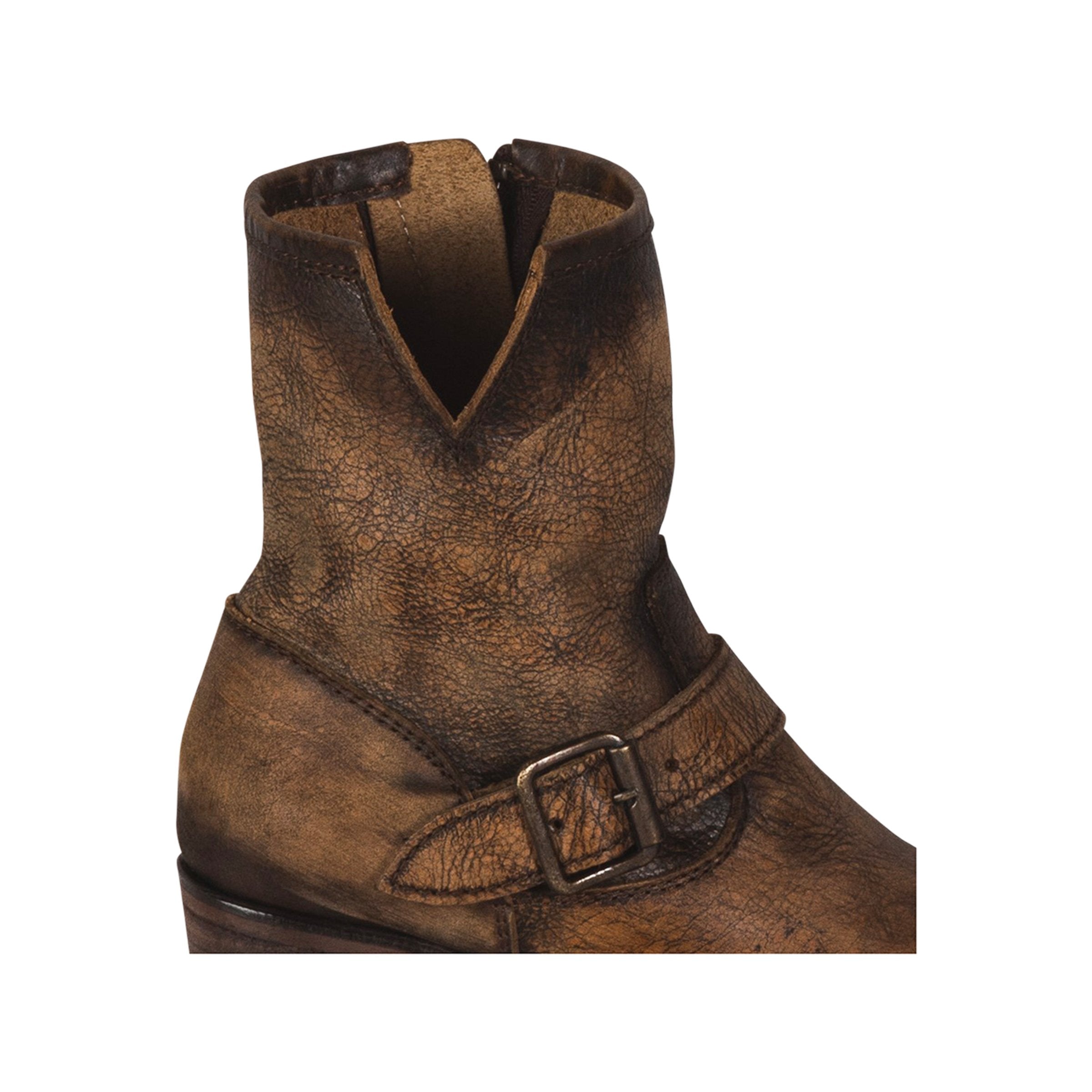 Carlito brown distressed womens leather ankle bootie with side cutout detailing and ankle belt