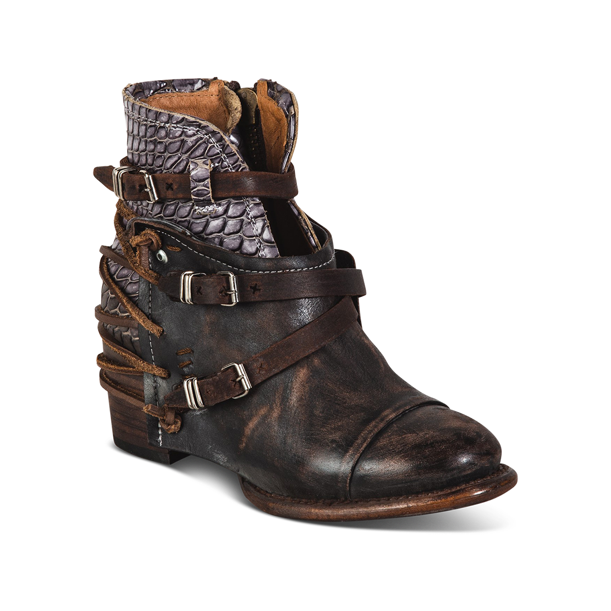 Crue brown multi ankle bootie with brown leather lace detailing and adjustable side silver buckle hardware