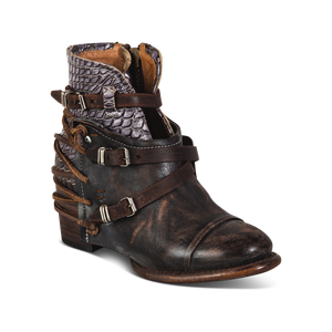 Crue brown multi ankle bootie with brown leather lace detailing and adjustable side silver buckle hardware