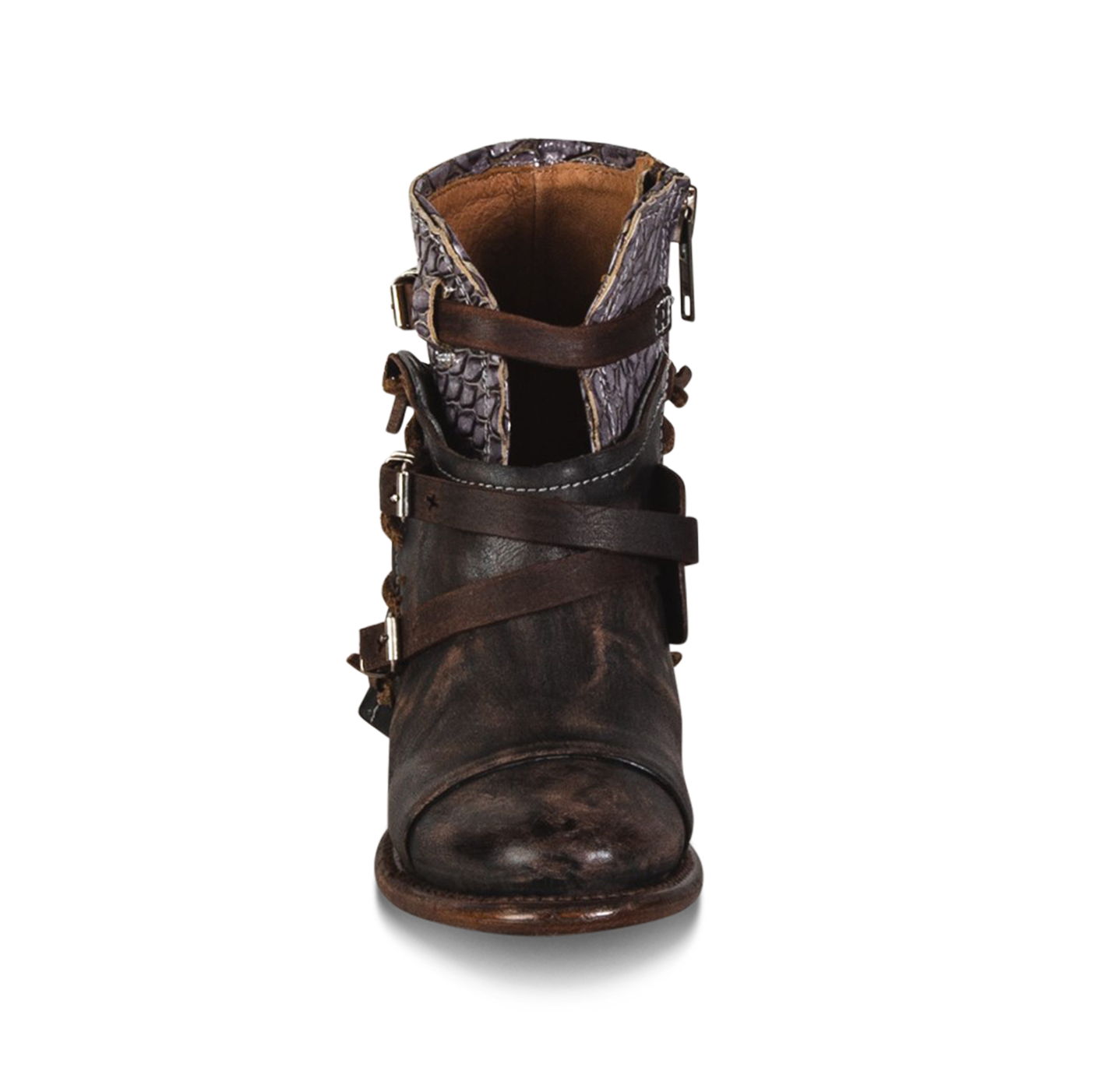 Crue brown multi front top ankle cut out construction with black leather strap detailing