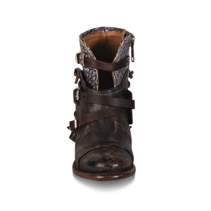 Crue brown multi front top ankle cut out construction with black leather strap detailing