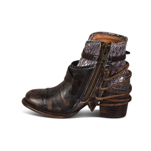 Crue brown multi brown leather laces with brass inside zip closure ankle bootie