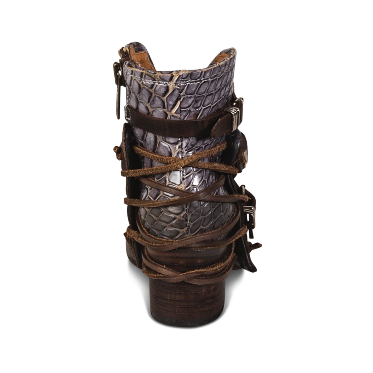 Crue brown multi ankle bootie with brown leather back lace detailing and dark brown contrasting heel