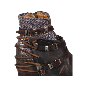 Crue brown multi womens ankle bootie with back leather lace detailing and front straps with silver buckles