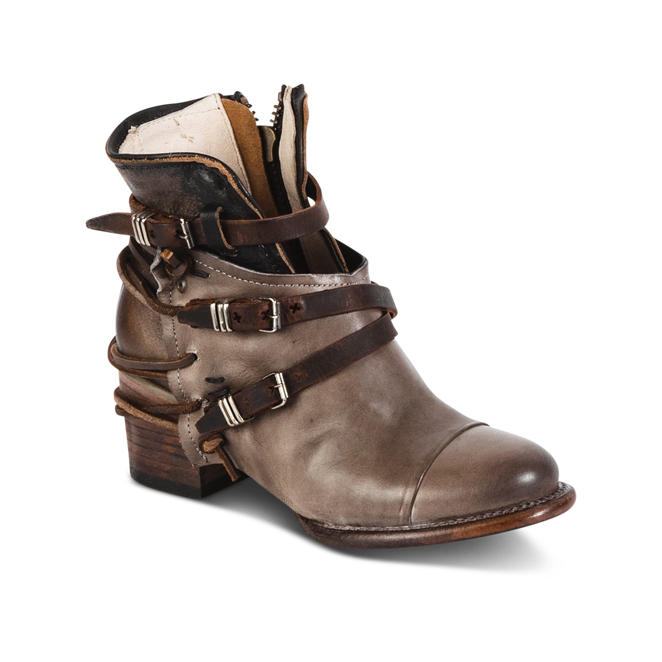 Crue grey multi ankle bootie with tan leather lace detailing and adjustable side silver buckle hardware