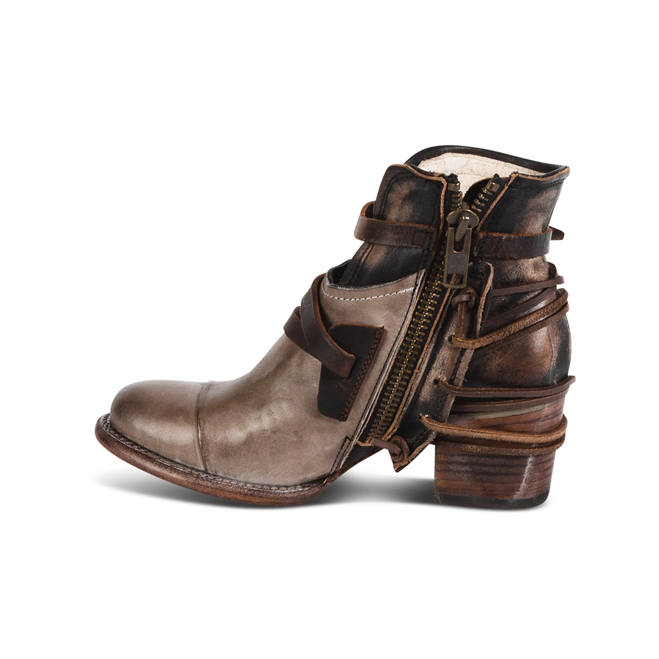 Crue grey multi tan leather laces with brass inside zip closure ankle bootie