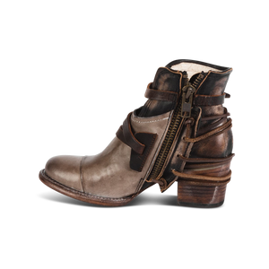 Crue grey multi tan leather laces with brass inside zip closure ankle bootie