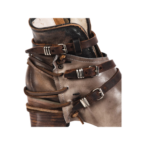Crue grey multi womens ankle bootie with back leather lace detailing and front straps with silver buckles
