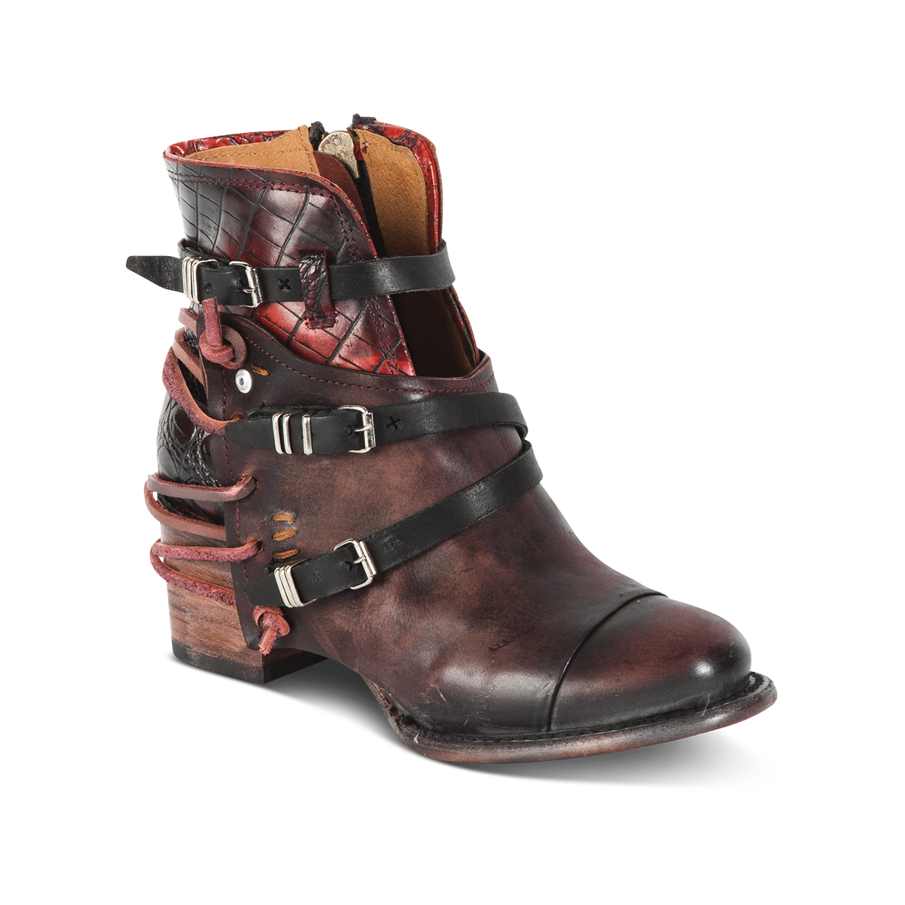 Crue wine multi ankle bootie with wine leather lace detailing and adjustable side silver buckle hardware