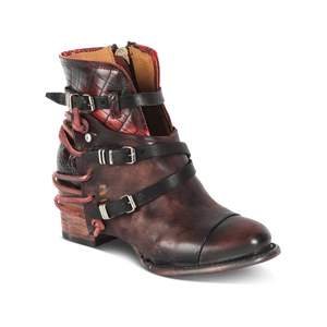 Crue wine multi ankle bootie with wine leather lace detailing and adjustable side silver buckle hardware