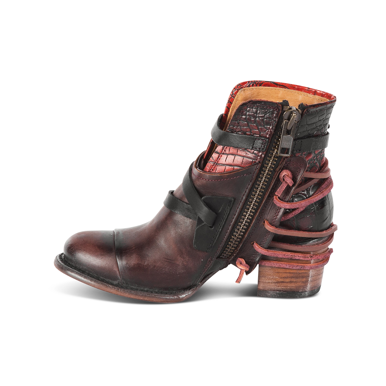 Crue wine multi wine leather laces with brass inside zip closure ankle bootie