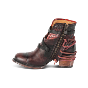 Crue wine multi wine leather laces with brass inside zip closure ankle bootie