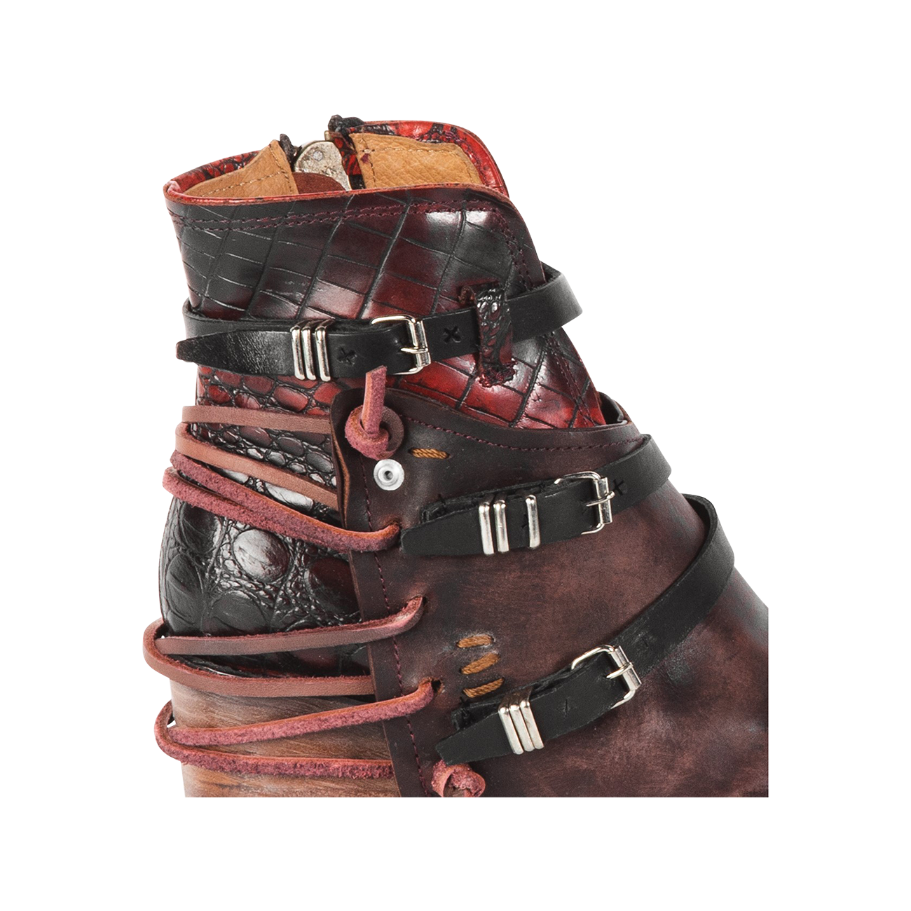 Crue wine multi womens ankle bootie with back leather lace detailing and front straps with silver buckles