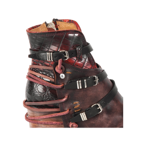 Crue wine multi womens ankle bootie with back leather lace detailing and front straps with silver buckles