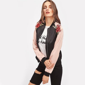 Patch Contrast Raglan Sleeve Bomber Jacket