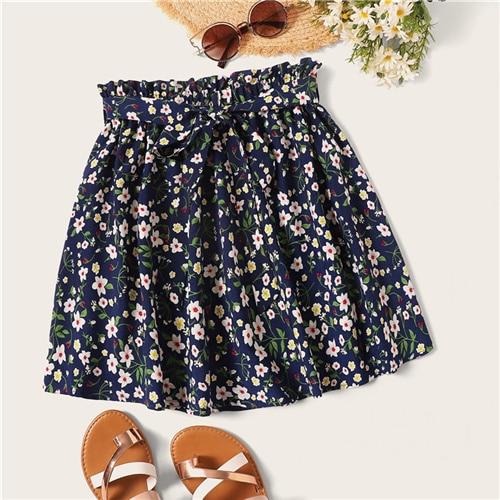 Navy Ditsy Floral Print Paperbag Skirts