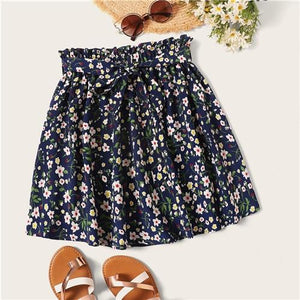 Navy Ditsy Floral Print Paperbag Skirts