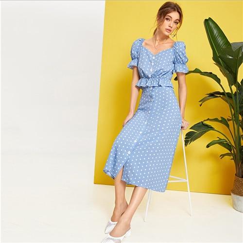 Polka Dot Button Front Ruffle Skirt