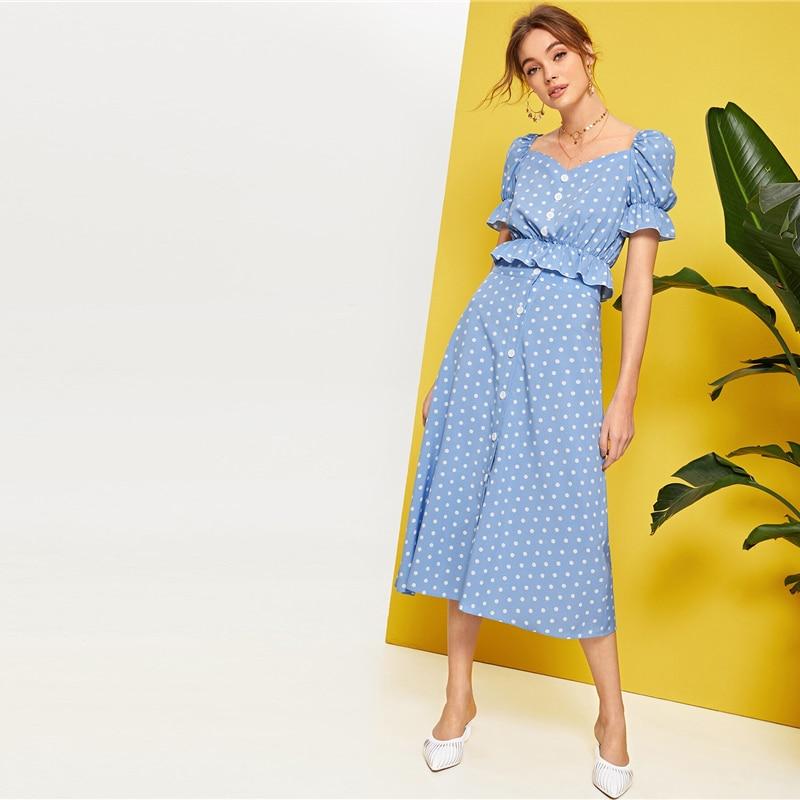 Polka Dot Button Front Ruffle Skirt